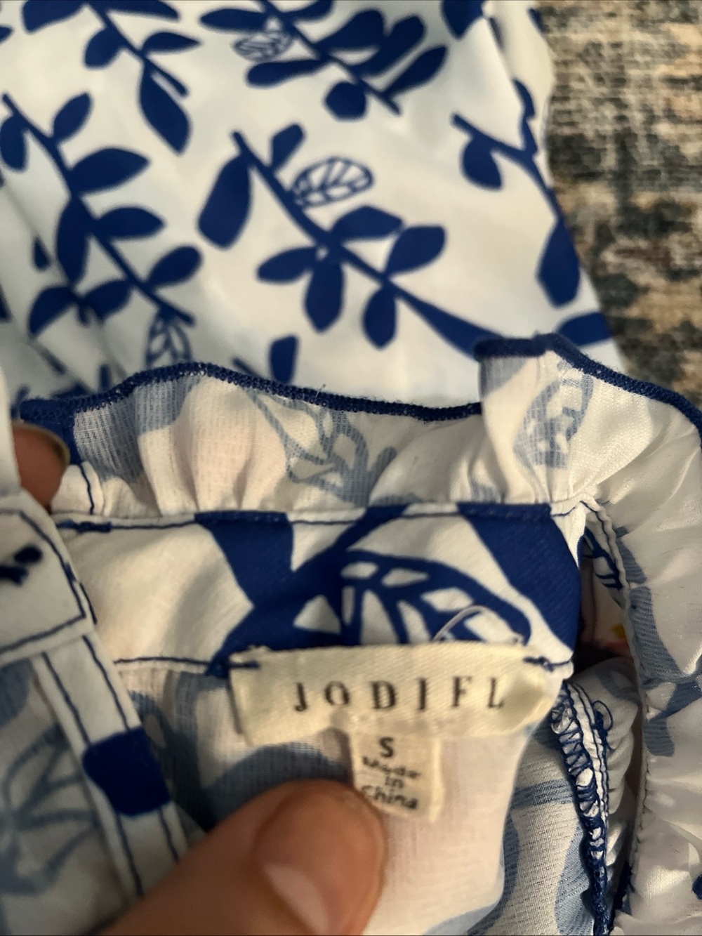 JODIFL White Blouse with Navy Blue Leaf Print and Neon Embroidered Yoke Sz S - Picture 8 of 9